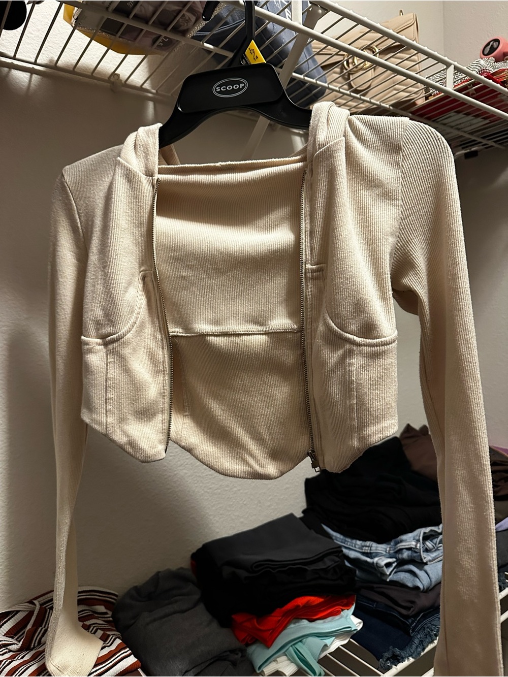 Cream Cropped Zip-Up Hoodie